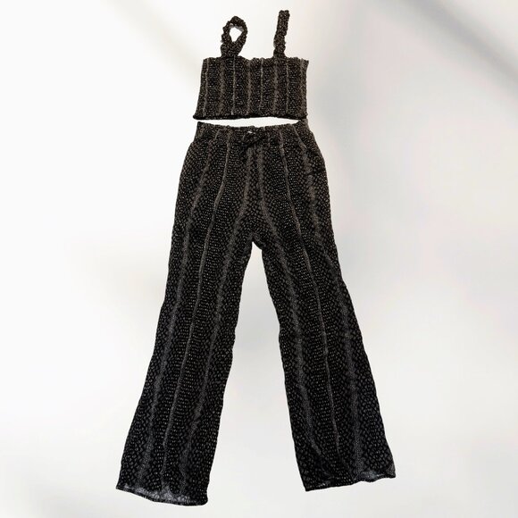 Papercrane Black Mesh Two Piece Set Size M - Crop Top Wide Leg Pants Co-ord - Picture 1 of 1
